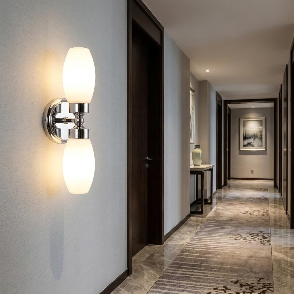 Alpinaluz Aplique de Pared para Baño con Dos Focos E14, Diseño Moderno en Cromo con Pantallas de Cristal Opal, Protección IP44 para Ambientes Húmedos, Iluminación Suave y Uniforme