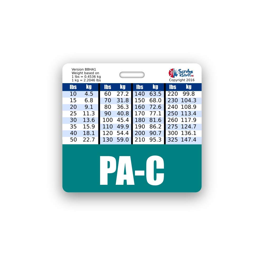 PA-C Badge Buddy Horizontal w/Height & Weight Conversion Charts (Standard, Teal)