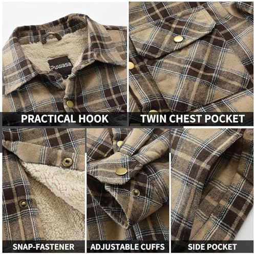 Image of Men's Sherpa Cotton Flannel Shirt Jacket Plaid Button Coat Pocket