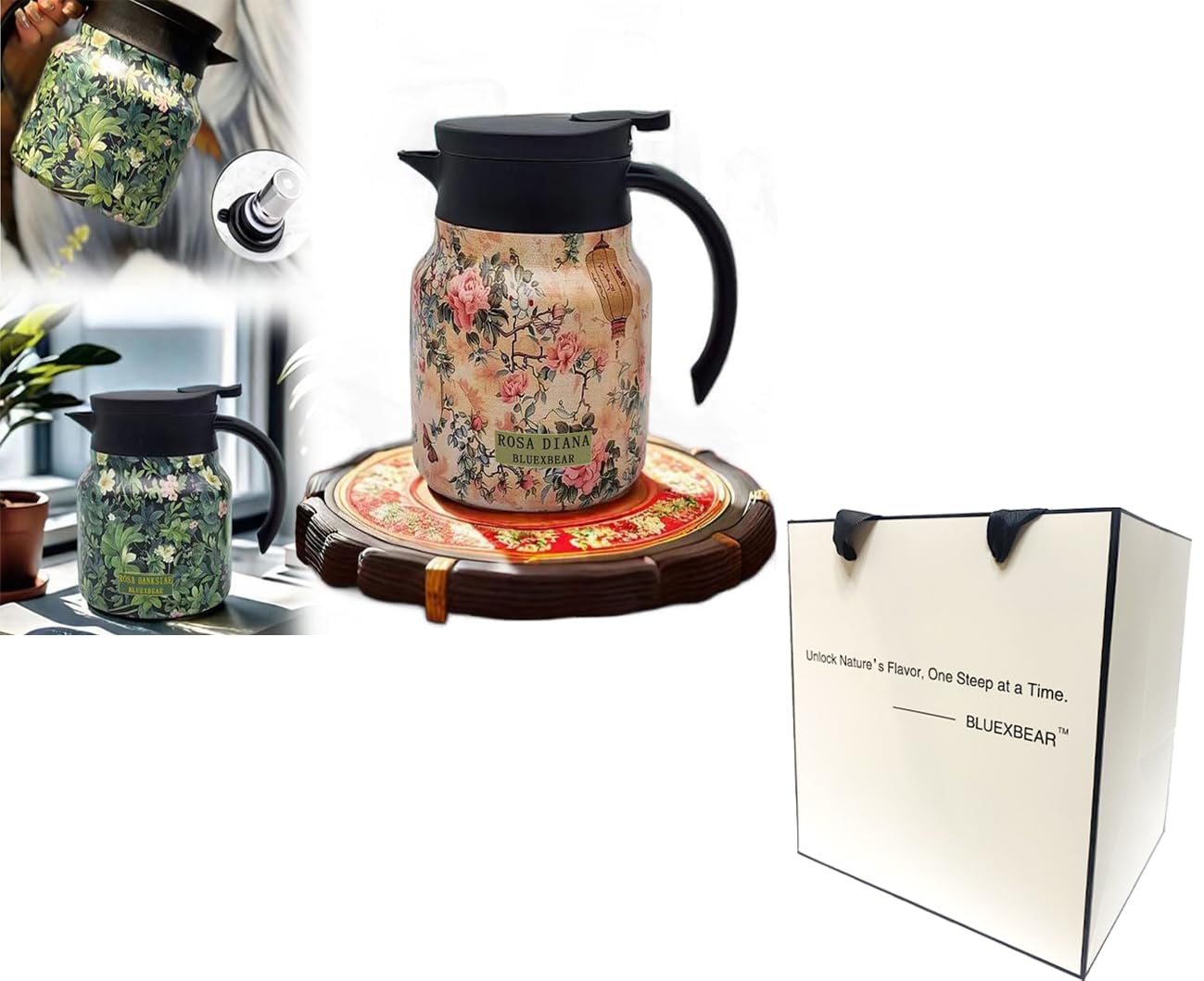 Raidley Vintage Floral Pattern Tea Thermos, Doresty Thermos Tea Pot, Vintage Floral Pattern Tea-Built-In Infuser, Stainless Steel Thermal Carafe with Lid for Hot Drinks (Pink, Plastic handle)