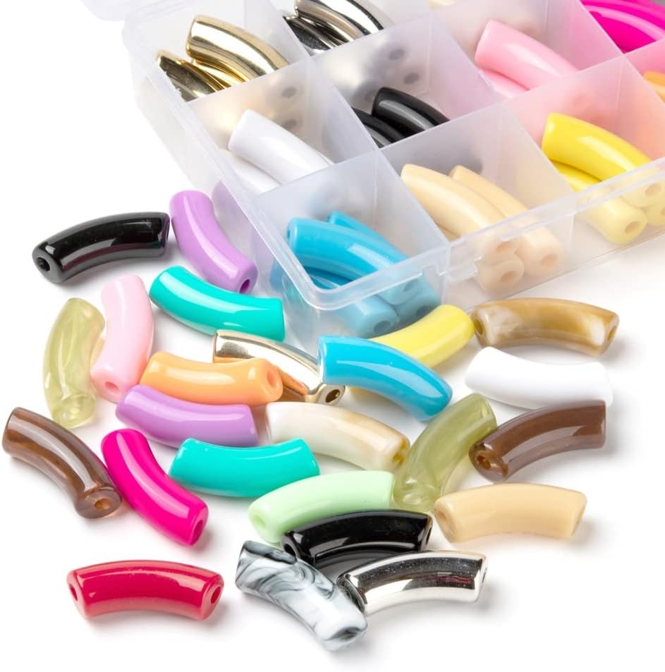 72pcs Colorful Bamboo Curved Noodle Tube Beads Imitation Gemstone Style Acrylic Chunky Tube Beads 35-36x13.5-14mm for DIY Summer Bamboo Tube Bangles Stacking Bracelets