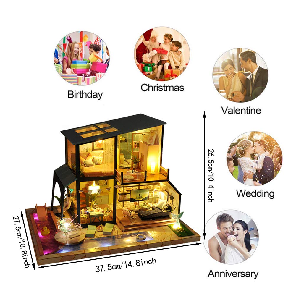 Edificio Moderno Kit di Assemblaggio Fai da Te per Casa delle Bambole Kit per Casa delle Bambole in Miniatura in Legno Carillon con Copertura Antipolvere Miniature da Costruire