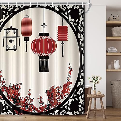 Miniatura 2 de Cortina de ducha de estilo asiático chino abstracto, linternas orientales, ventana, flores de ciruelo rojo, naturaleza, flor de cerezo, floral,