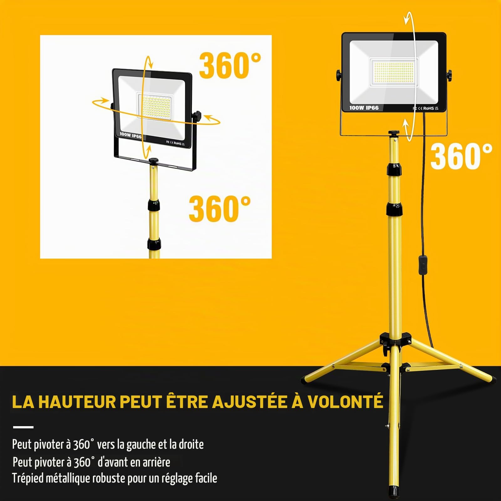 RIGIDON 100W projecteur led chantier trépied pied, 10000LM 175V-265V | 5 mètres câble, 6000K, 102cm to 193cm, IP66, phare de travail, pour garage, jardin, industriel, atelier, exterieur interieur