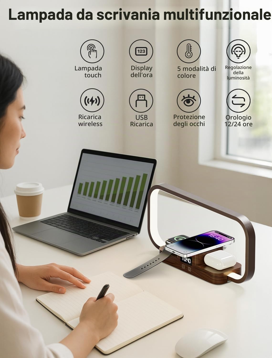 3 in 1 Lampada da Comodino con Caricatore Wireless & Porta USB, 5 Colori Lampada da Tavolo Dimmerabile Controllo Touch, Stazione di Ricarica per Pods, Smartphone per Camera (Marrone)