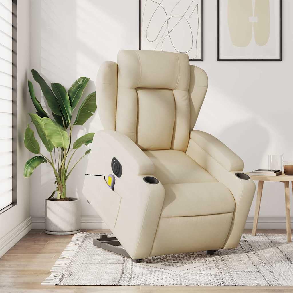 Elektrischer Relaxsessel Creme Stoff mit Aufstehhilfe, Liegefunktion, 6-Punkt-Vibrationsmassage, Armlehnen, Getränkehalter, Seitentasche, modernes Design