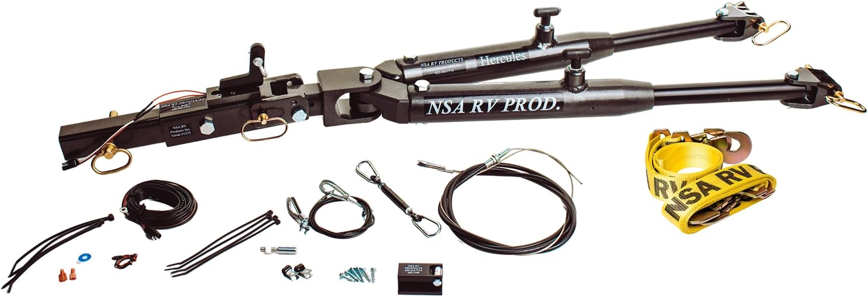 NSA RV - Hercules Tow Bar - with Integrated Supplemental Surge Braking System - 12,000 lb Towing Capacity - Powder Coated Heavy Duty Aluminium Body - Perfect for Flat Towing