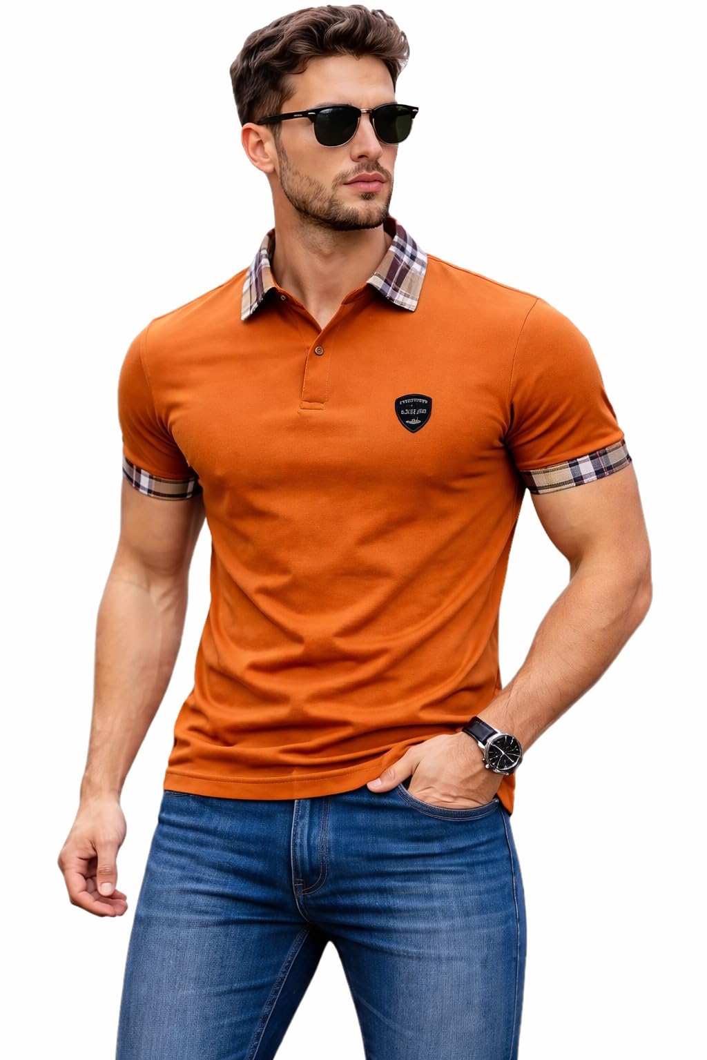Men's Polo T-Shirt, Orange, Short Sleeve, Checkered Collar and Cuff Detail, Casual Style