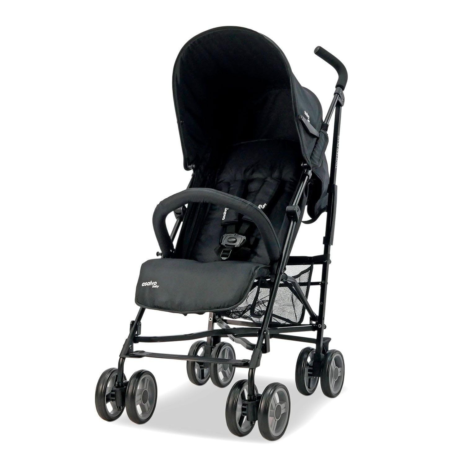 Asalvo TROTTER PLUS Silla de Paseo, Carrito bebé, Carro para bebés, Reclinable, Confortable, Ultraligera, Capota con Ventana y Freno Trasero, Manejable, Plegado compacto, Carga Máxima 25 kg, Negro