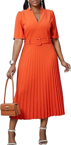 Ptorlio Elegant Midi Dresses for Women Work Cocktail Short Sleeve High Waist Ple