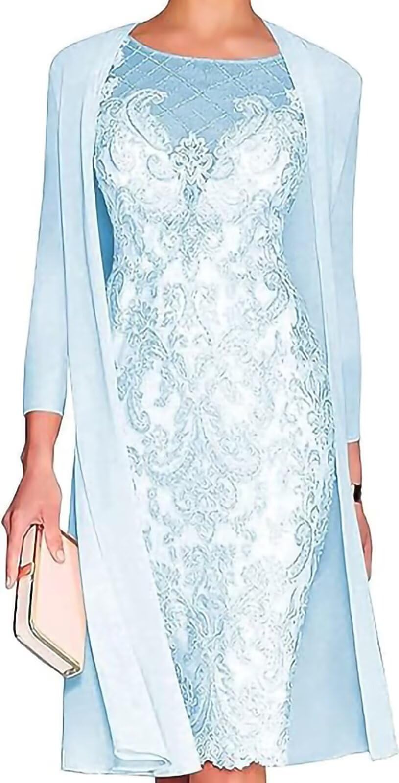 WEEOUR Elegant Mother of The Bride Dresses Midi Length 2 Piece with Sleeves Lace Chiffon Wedding Guest Groom