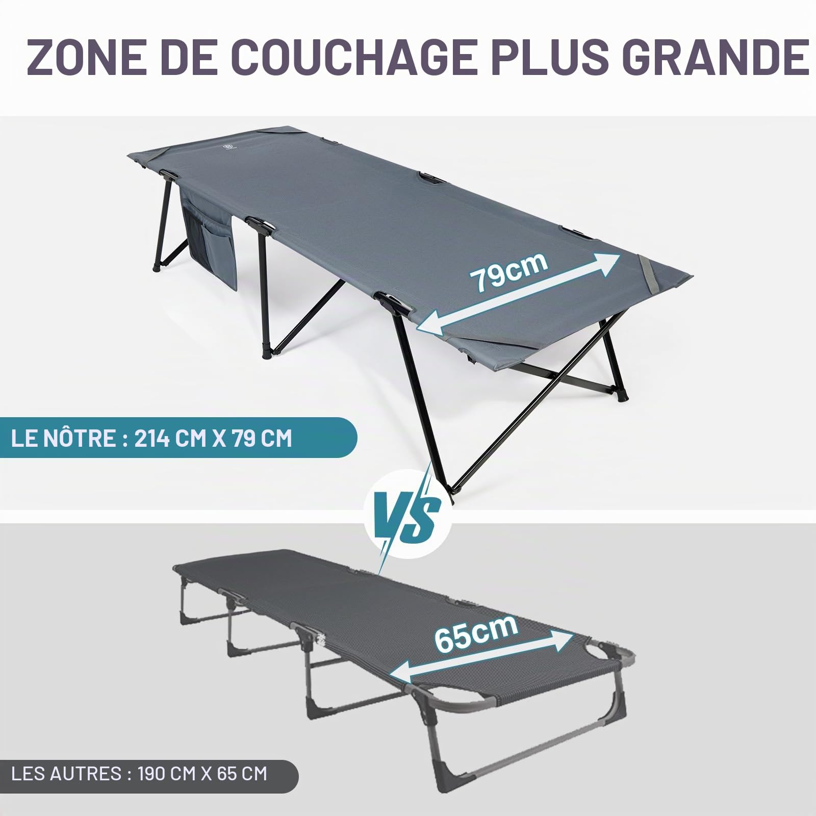 EVER ADVANCED Lit de Camping Pliable XL 214x79x50cm, Charge maximale 200 kg, Lit de Camp Large avec Poche latérale, Stable et Portable, pour Camping, Voyage, Jardin, extérieur et intérieur