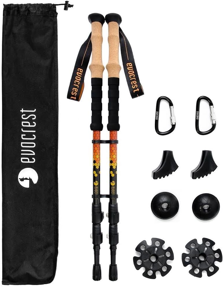 Carbon Fiber Trekking Poles - Collapsible, Shock Absorbent, Ultra Lightweight Hiking Walking Sticks - Quick Locks, Cork Handle - All Terrain Accessories Included