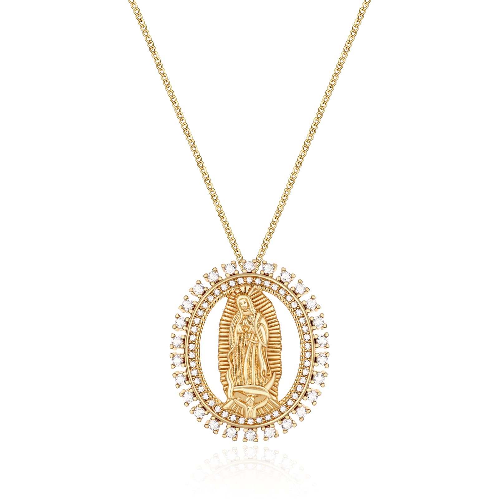 HZMANHZMAN 14K Gold Plated Virgin Mary Necklace for Women Girls Cubic Zirconia Halo Dainty Classic Our Lady of Guadalupe Amulet Pendant Jewelry Gift