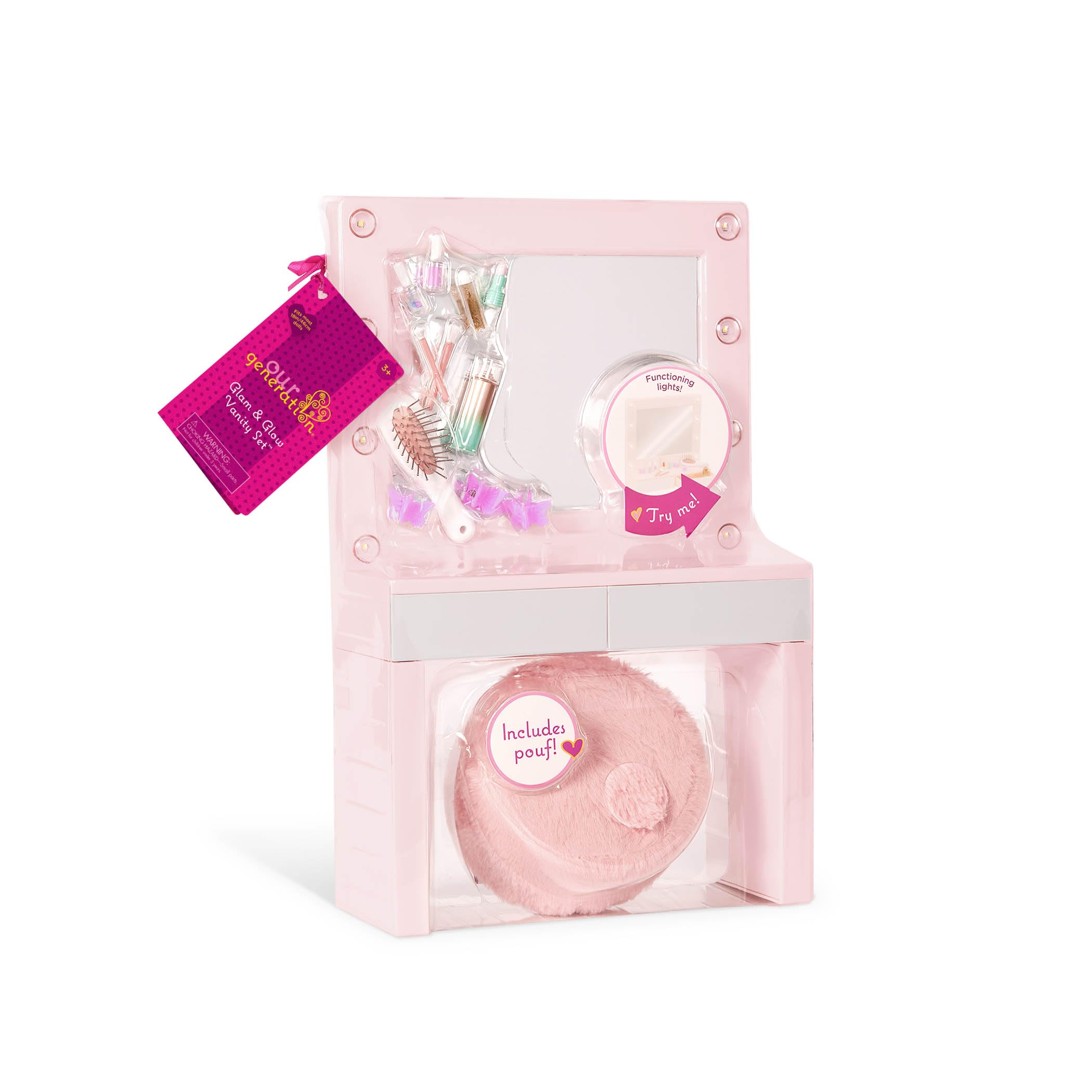 Our Generation Glam & Glow Vanità Playset - Tavolo Rosa con Specchio Luminoso - Giocattolo Trucco Bambini 3+