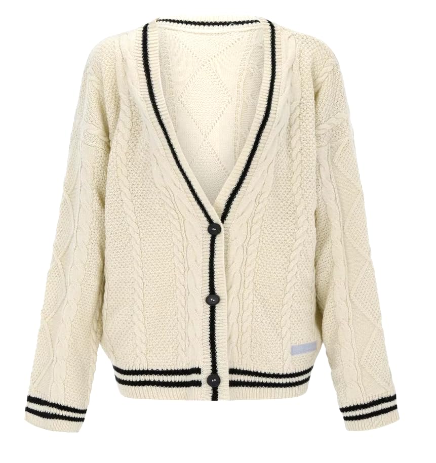 Women's Y2K Star Embroidery Cardigans Open Front Long Sleeve Knit Sweater Oversize Button V-Neck Cardigan (Beige,Medium)
