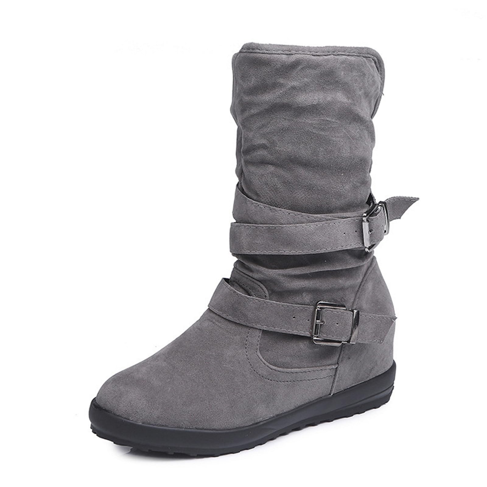 Women Mid Calf Flat Heel Boots Retro Fashion Casual Strap Buckle Winter Short Boots Round Toe Suede Comfort