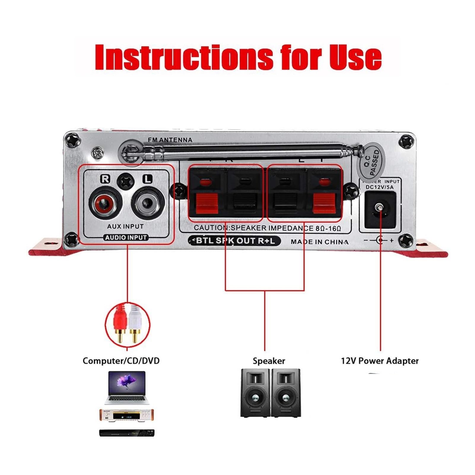Amplificatore Audio, S430 600W 2CH. Auto HiFi. Amplificatore audio Lcd. Display Classe D Power amplificador Radio Car Home Altoparlante FM USB SD.(Rot)
