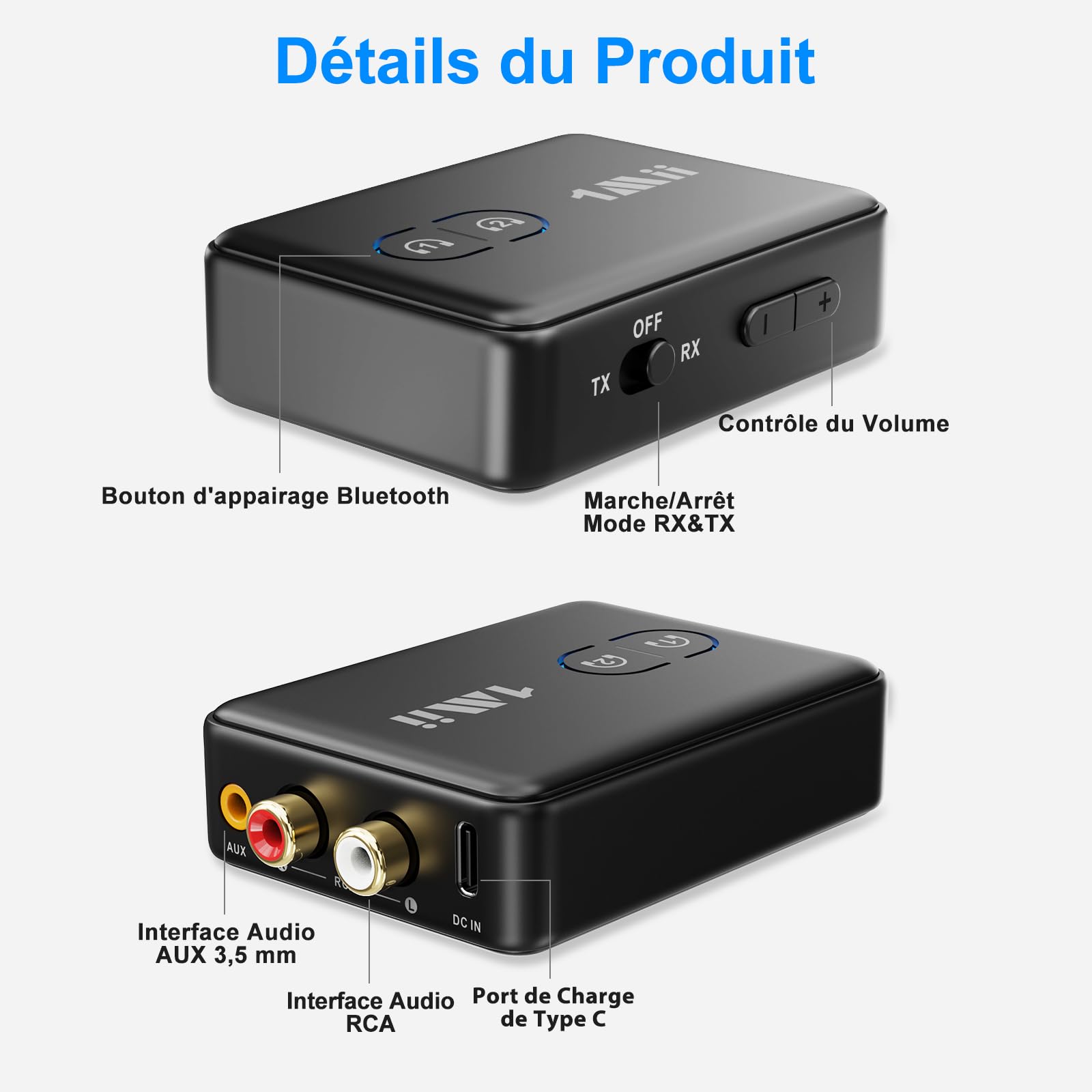 1Mii ML302 Transmetteur Récepteur Audio Bluetooth 5.3, RCA 3.5mm Jack Émetteur Adaptateur Bluetooth pour 2 Casque sans Fil, Son Hi-FI aptX LL/AD/HD pour TV, Chaîne Stéréo, PC, 30H Playtime
