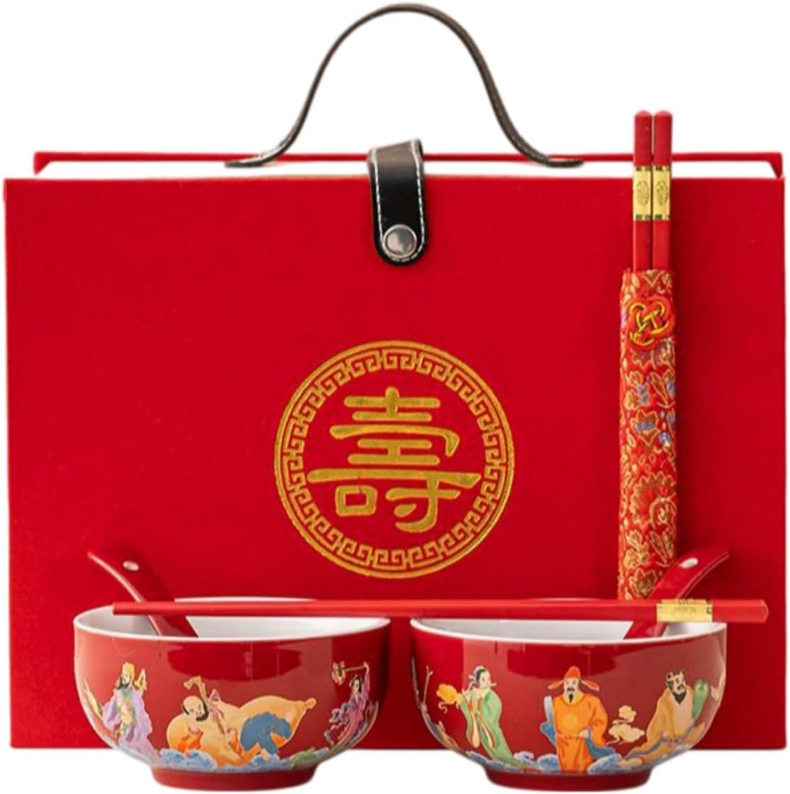 80岁寿碗八仙贺寿八十大寿寿宴回礼礼盒 Ceramic Kung Fu Tea Set,teapot,Teacups,warming Wedding Birthday Gift,Tea Tray Chinese,Dishwasher Safe 八仙贺寿碗+礼盒（2碗2筷2勺）