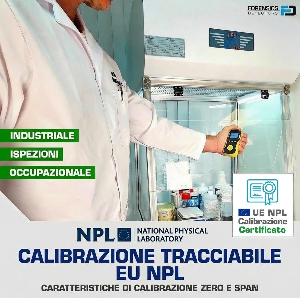 Rilevatore di Ossigeno di Forensics | Certificato di Calibrazione EU | Ricarica USB | Allarmi Sonori, Luminosi e a Vibrazione | 0–30% O2 |