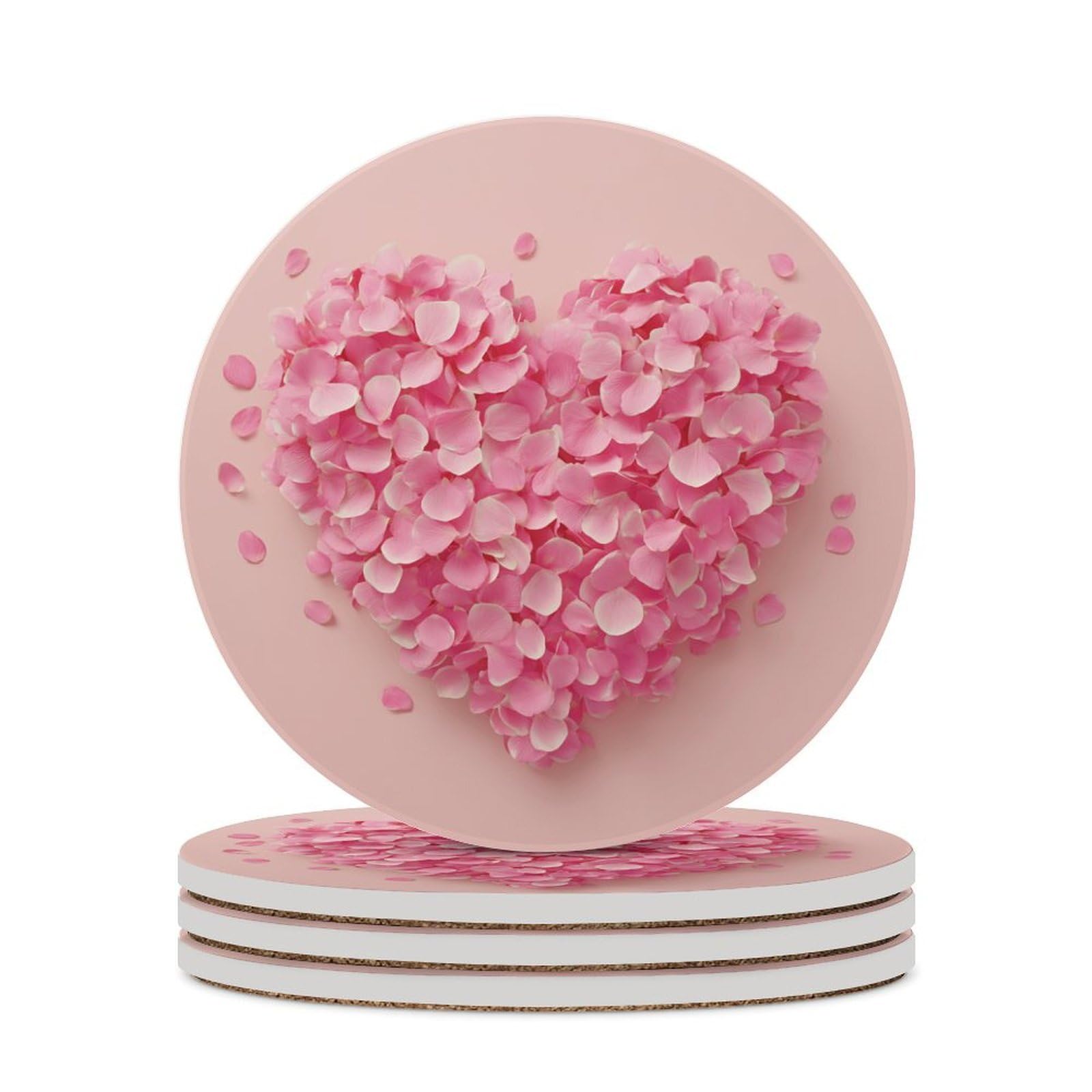 Jubonexis White Pink Heart-Shaped Petals Coasters Set Of 4 Absorbent Coasters