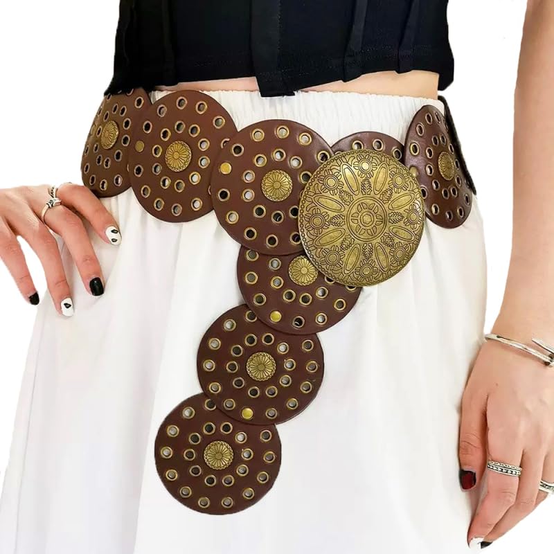 Wide Disc Western Belt for Women Boho Concho Leather Belts Vintage Cowboy Waist Belt for Dress - Main Image