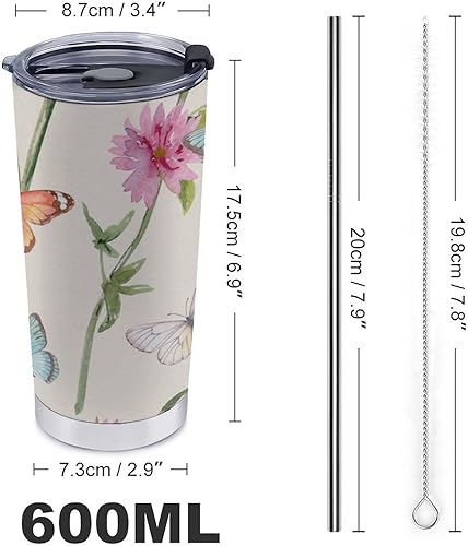 Miniatura 2 de ALLMIX SPOROT Vaso de acero inoxidable de 20 onzas con diseño de mariposas y mariquitas vintage con tapa y pajita vaso de café aislado para mamá