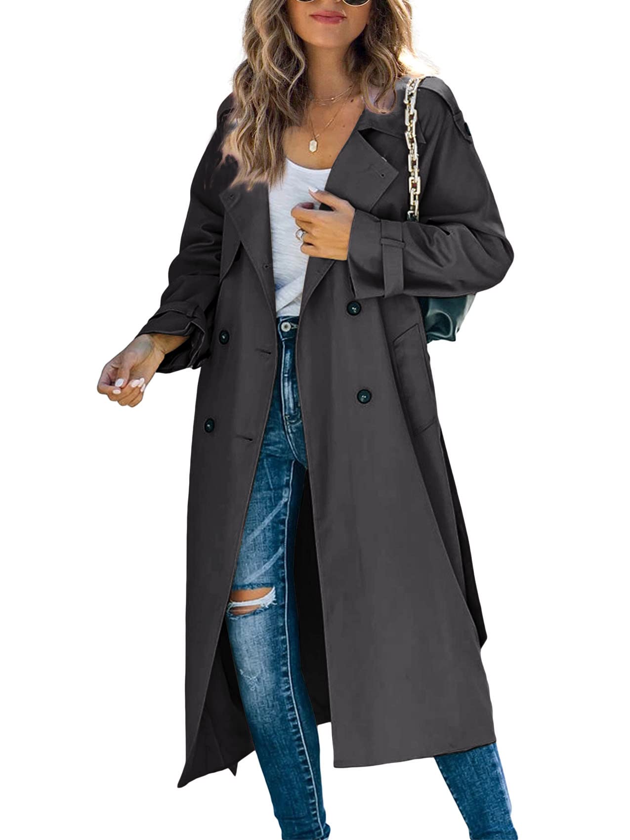 Womens Long Trench Coat Double Breasted Windproof Overcoat With Belt