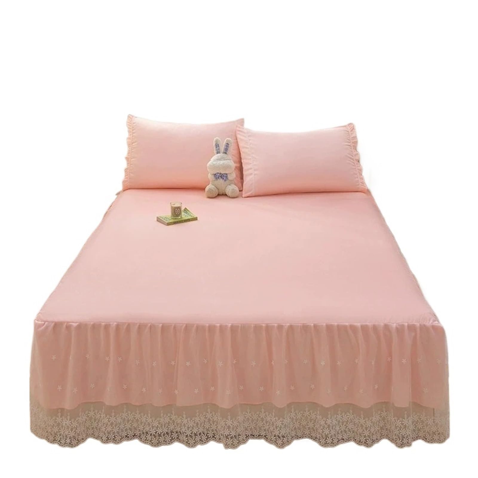 Gonna del letto Copriletto in pizzo con balze, elegante gonna da principessa rosa, design a strato singolo, morbido e delicato sulla pelle per telaio letto(Pink,1PC-180x200cm)