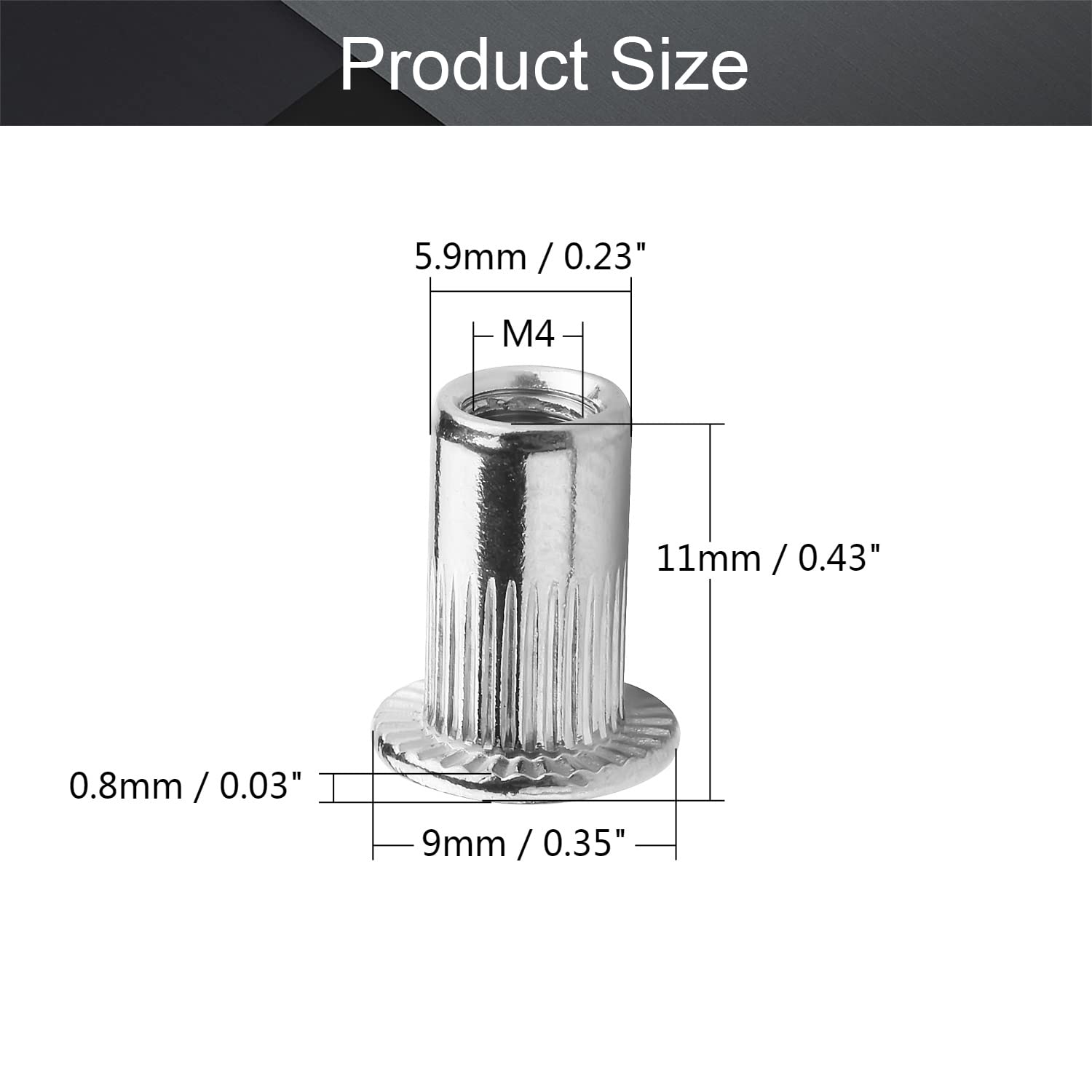 MroMax M4 x0.43inch 304 Stainless Steel Rivet Nuts Flat Head Insert Nutsert Silver Tone 100pcs
