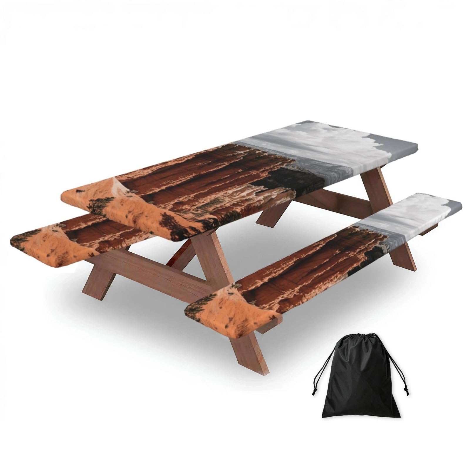 FekiLoot Bryce Canyon Picnic Table Cover with Bench Covers and Bag, Windproof Waterproof Rectangle Tablecloth with Elastic Edges Fitted Camping Table Covers Portable Camping Accessories