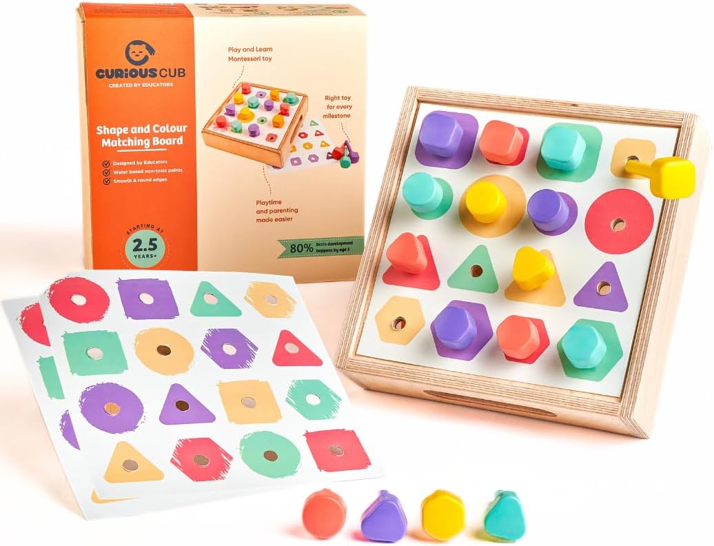 Curious Cub Montessori Shape Sorter & Colour Matching Peg Board | Educational Puzzle for 1, 2 Year Old Boys & Girls | Sensory Learning & Brain Development Toy