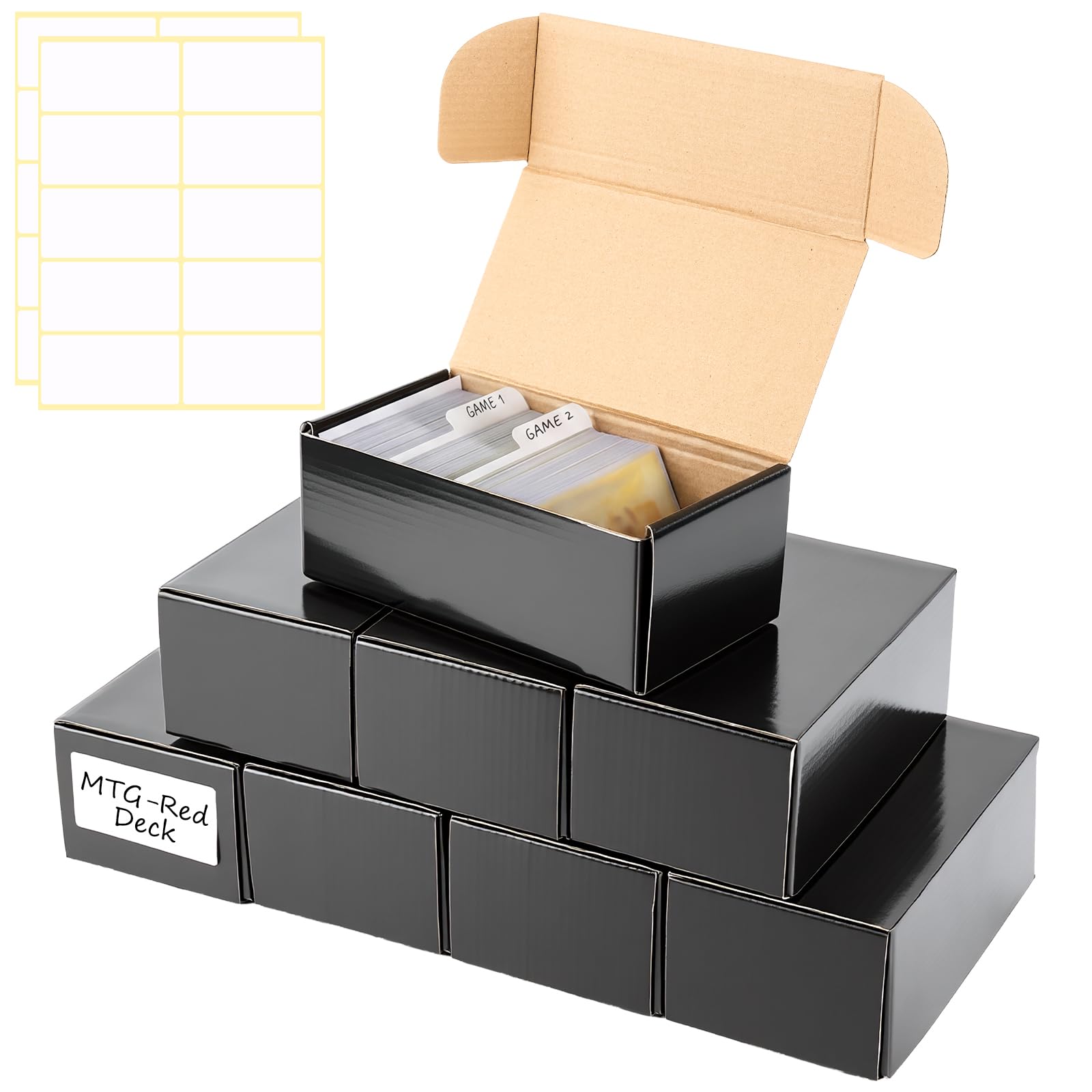 Bafeil Pack of 8 Trading Card Storage Boxes with 40 Labels, Professional Card Deck Box Fits 1600+ Sleeved Cards & Toploaders, Modular Cardboard Organizer for MTG, TCG, Baseball Sport Cards, Black