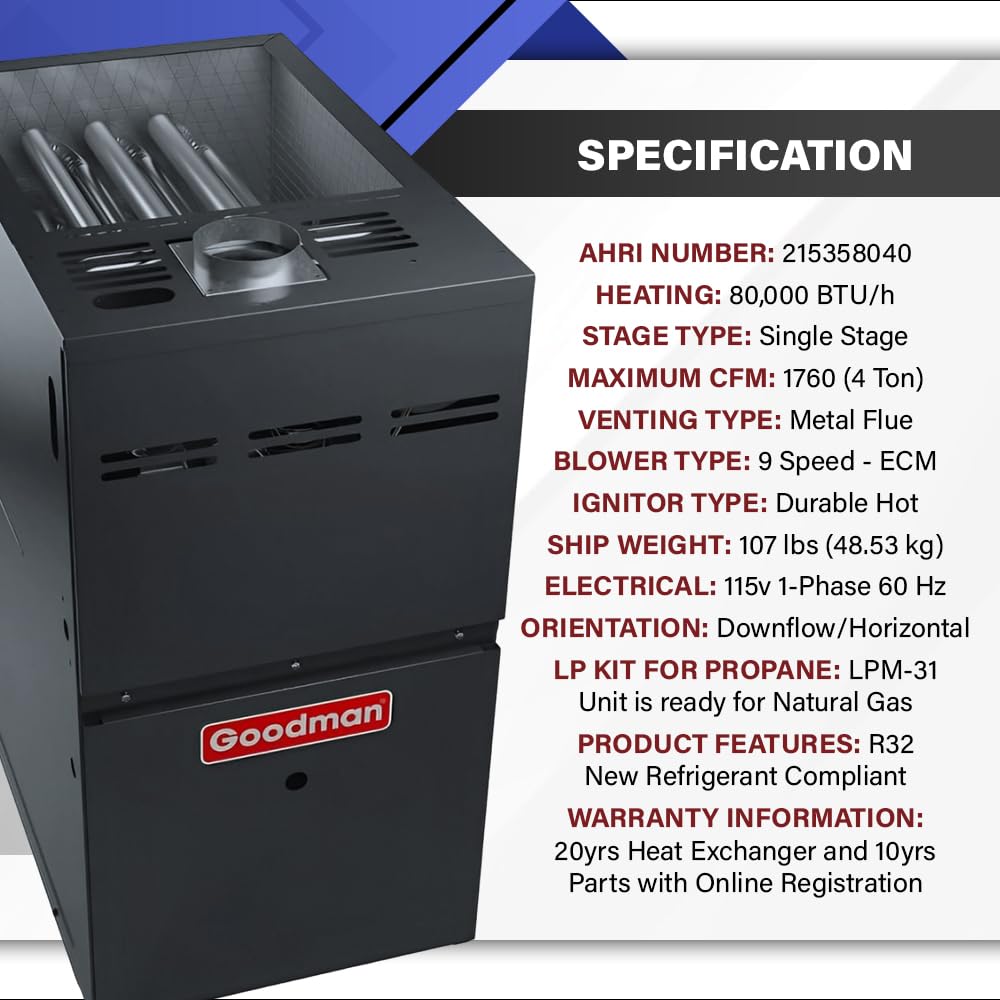 80000 Btu Gas Furnace 60,000 BTU 80% AFUE 9-Speed Single Stage
