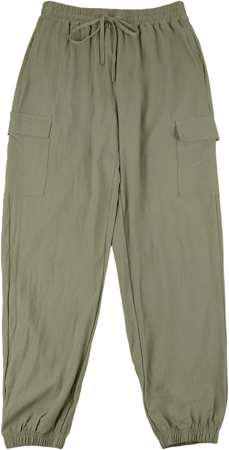 Linen Pants for Men Elastic Waist Drawstring Cargo Pants Loose Casual Beach Trousers Outdoor Joggers with Pockets