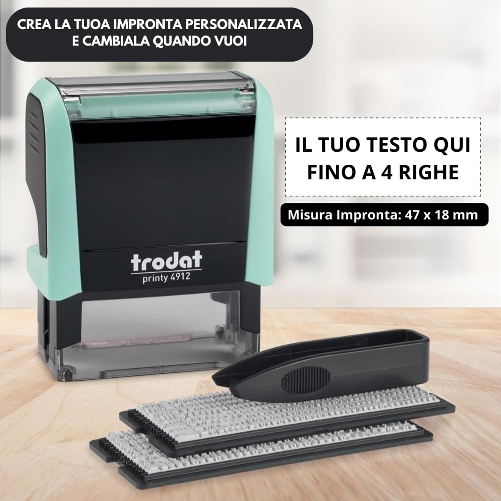 Trodat Timbro Verde Pastello Autoinchiostrante Autocomponibile Fai-Da-Te Printy 4912 Typo, 47x18 mm, Max 4 Righe, Inclusa Cartuccia Inchiostro Nero, con Pinzetta e 2 Set di Caratteri, Icone e Numeri