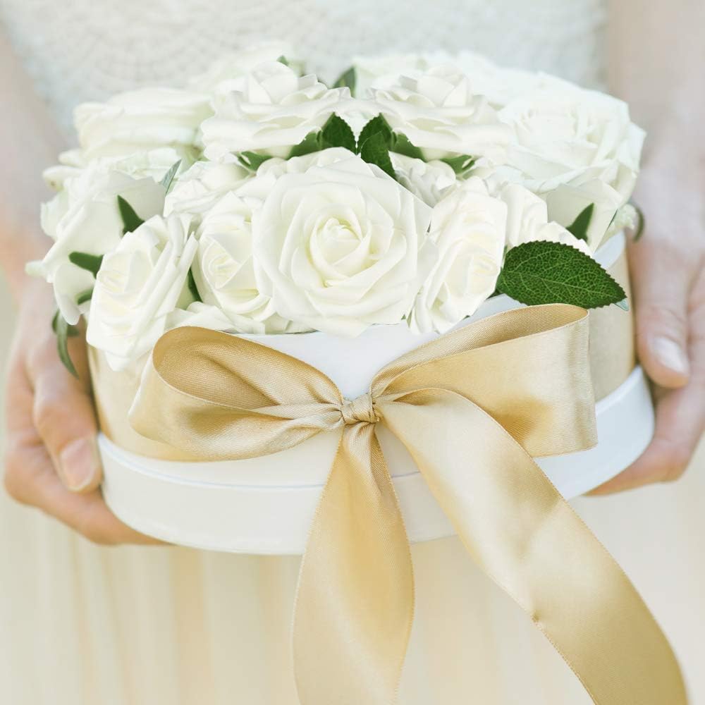 Mocoosy 50Pcs White Rose Artificial Flowers, Ivory Roses for Decorations, Real Touch Fake Rose with Stems Bulk DIY Wedding Bouquet Bridal Shower Mother's Day Floral Arrangement Party Home Decor