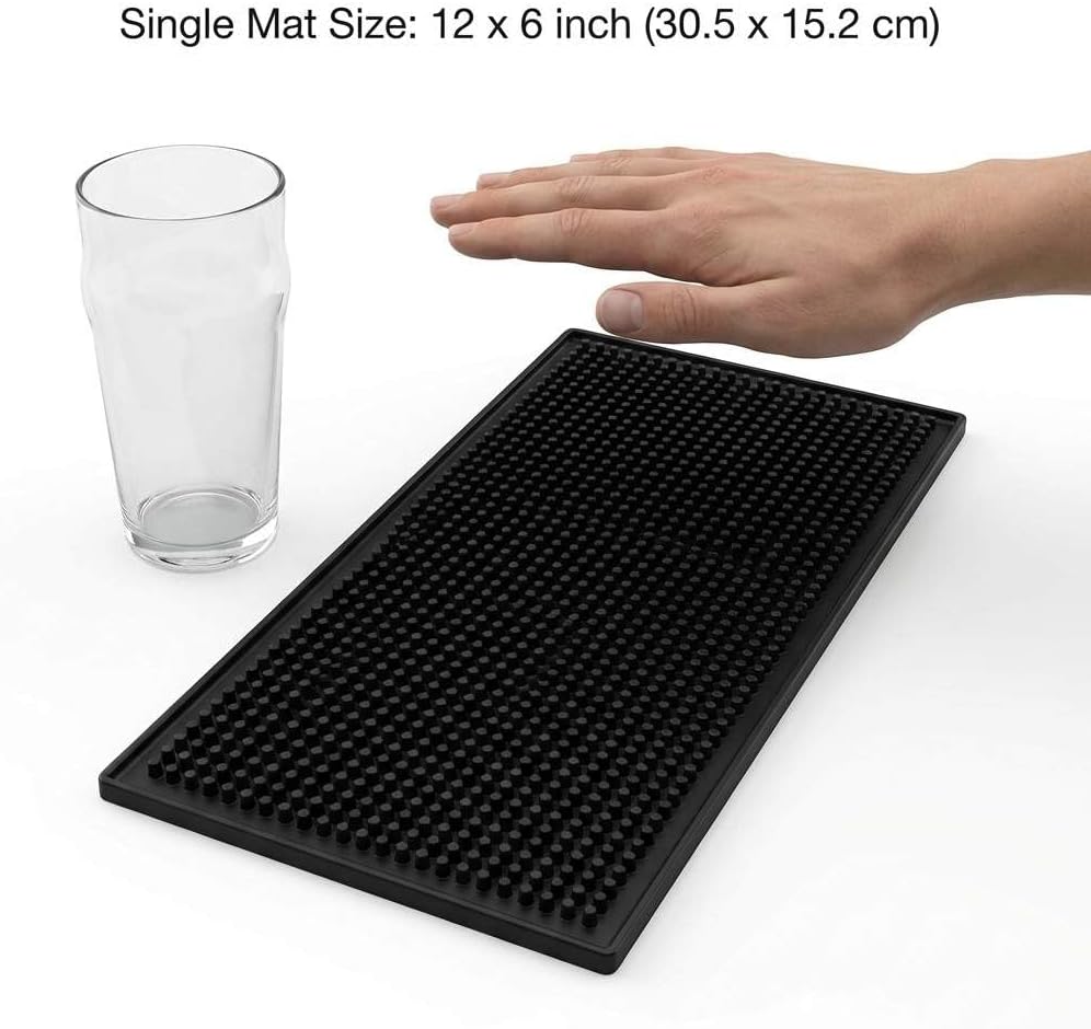 QWORK 12"x6" Black Rubber Bar Mat – 6 Pack Non-Slip Drainage Pad for Coffee Stations, Home Bars & Kitchens