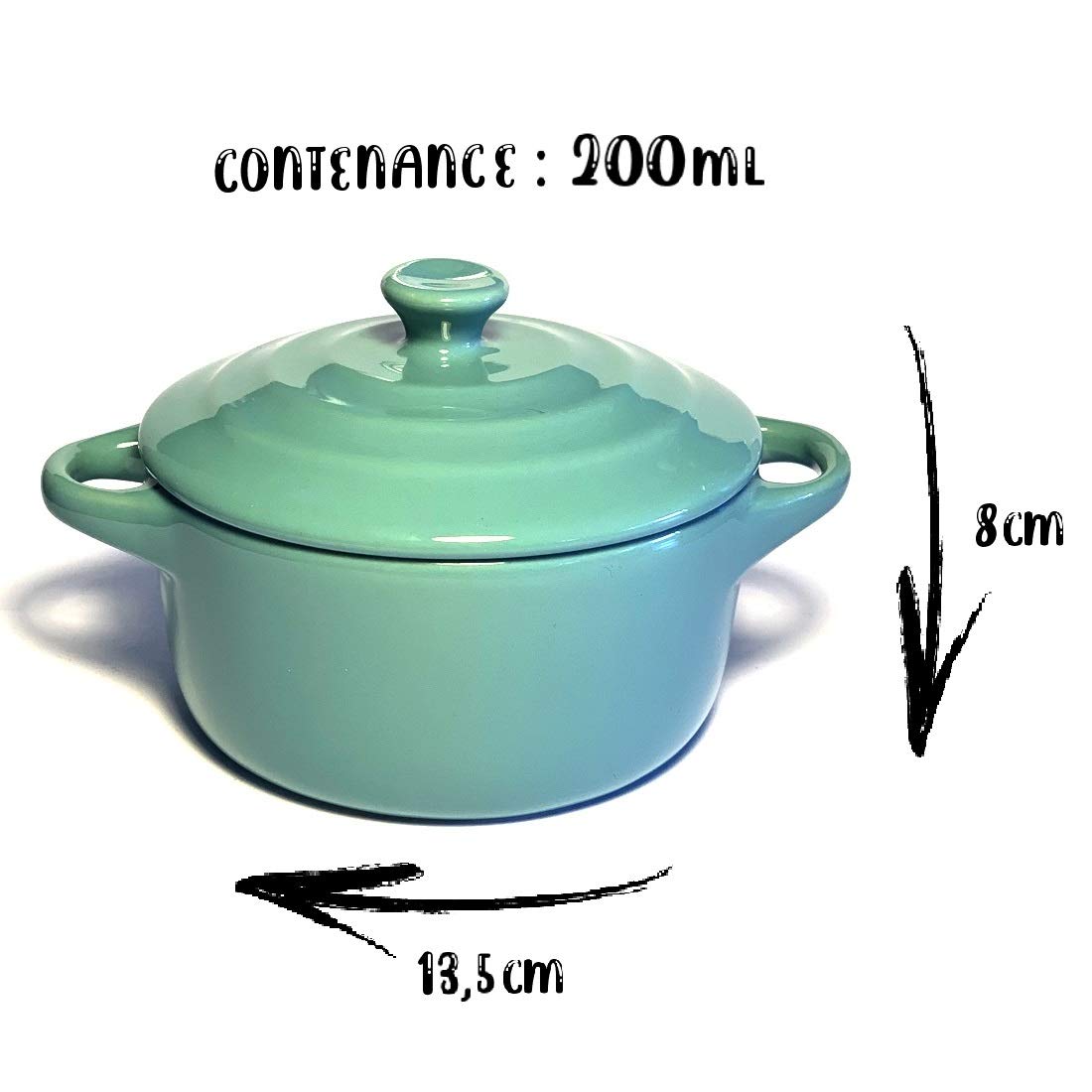 Hobby Tech Lot de 6 Mini Cocottes Bleues Turquoises Céramique Double Poignées avec Couvercle 13,5cm x 8cm Contenance Moule 200ml Ramequin Résistant Haute Température Four (Bleues Turquoise, Lot de 6)