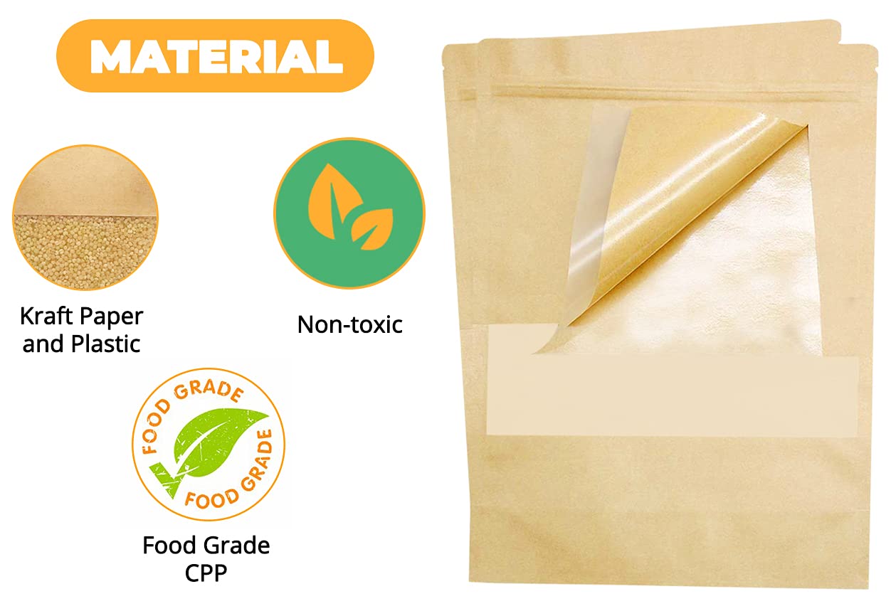 Wiederverschließbare Kraftpapier-Tüten Mit Fenster – 50 Stück, 0,5 Pfund, Für Kaffee, Kekse, Lebensmittel