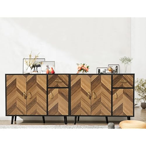 Likein Black Storage Cabinet with 6 Doors & 2 Drawers, 71 INCH Modern Sideboard Buffet Cabinets with Storage, Short Accent Cabinet for Living Room, Kitchen, Hallway, Bedroom, Entryway