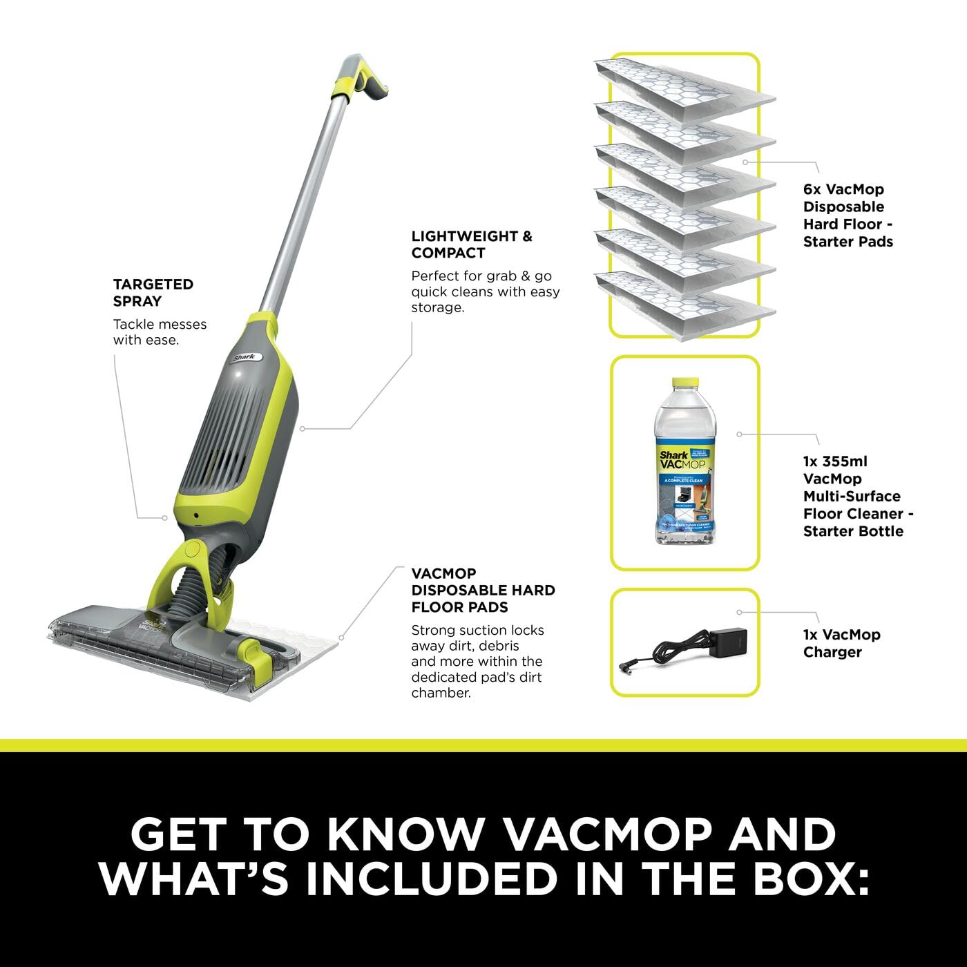 Shark VacMop 2 en 1 trapeador de vacío inalámbrico para suelo duro, 6 recambios de almohadillas desechables, limpiador de suelos multisuperficie de 355 ml, ligero 1,5 kg, almohadillas desechables sin