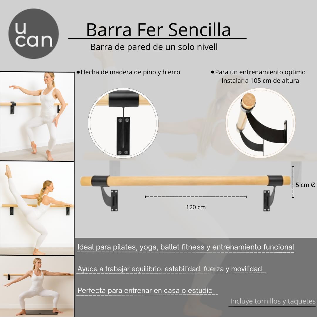 U can Barra de Ballet para Pared, Estática, 120 cm de Largo, 5 cm de Diámetro, para Danza y Ejercicio