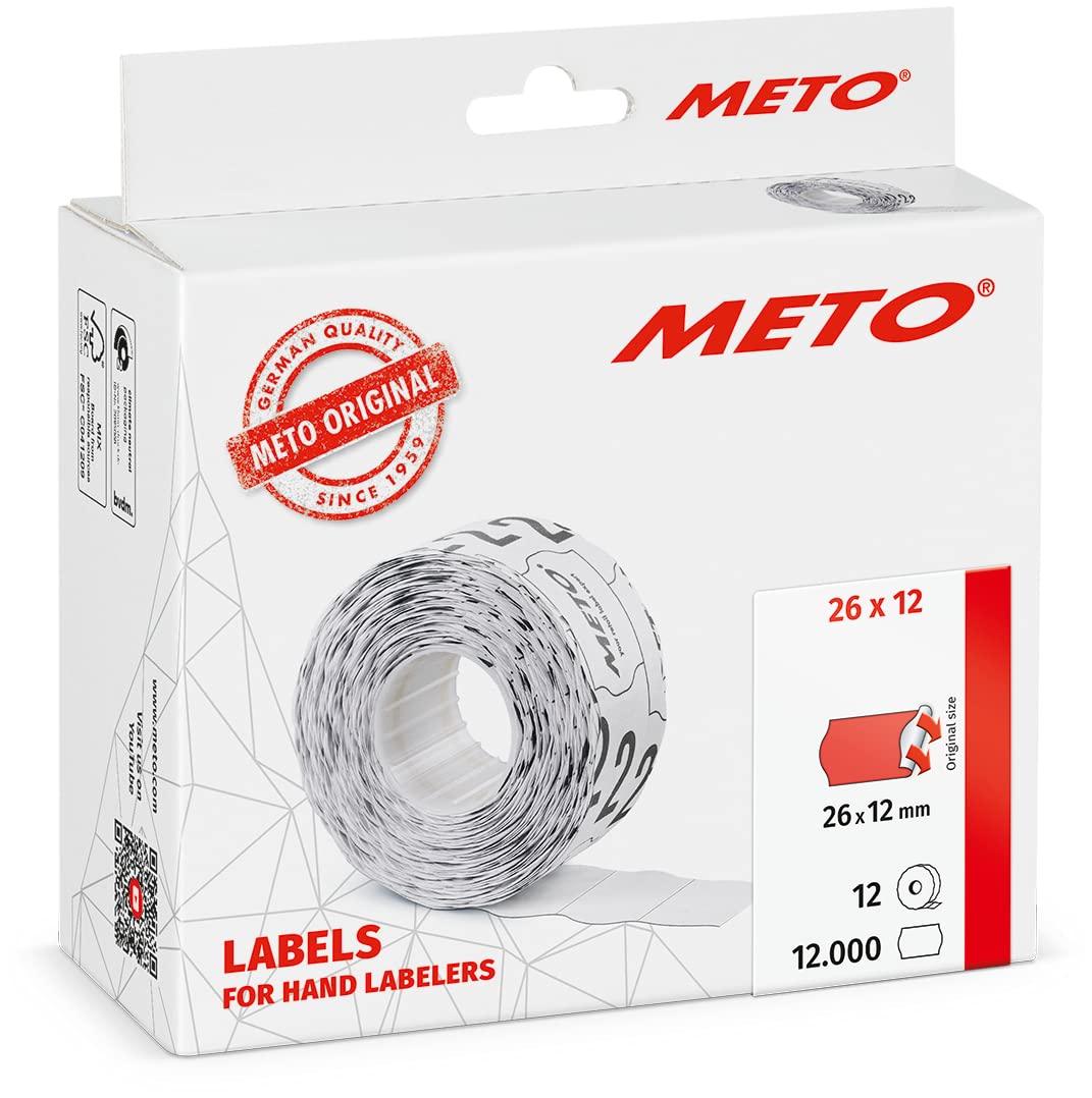 Meto Price Gun Labels (26×12 mm, Single-line, 12,000 Labels, Fluorescent red, Permanently Adhesive, for METO, Contact, Sato, Avery, Tovel, Samark etc.)