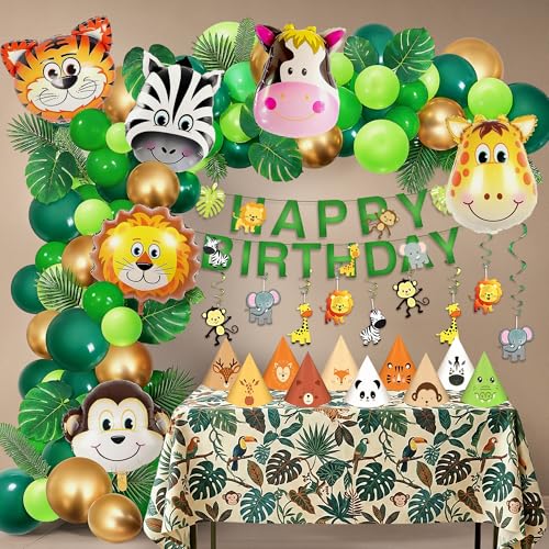 Image of Party Propz Jungle Theme Birthday Decoration Kit - 86 Pcs, Balloons for Birthday, Bday Decor Items with Animal Bday Cap, Jungle Happy Birthday Banner, Happy Birthday Decoration Kit (Cardstock)