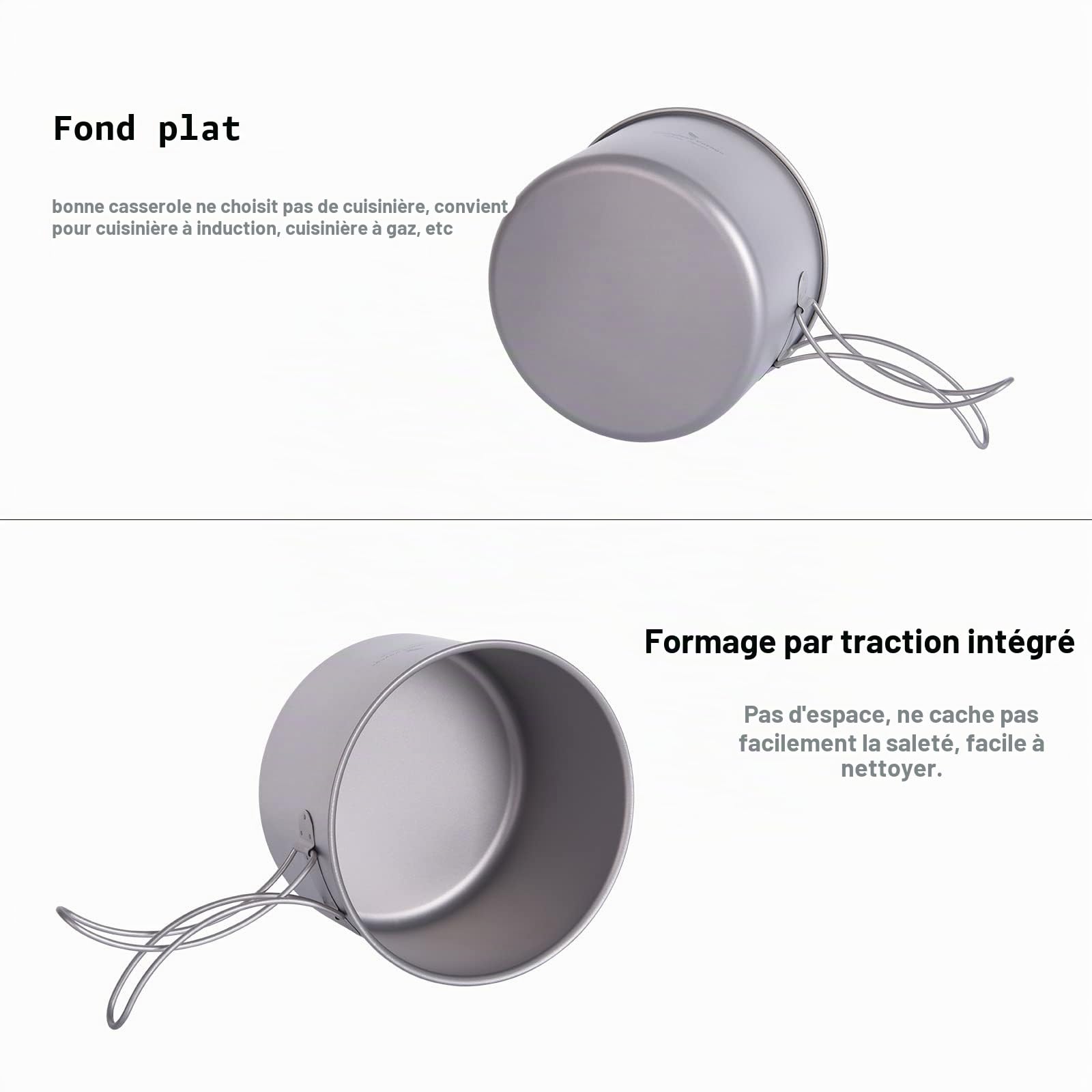 iBasingo Ensemble de casseroles en Titane Ustensiles de Cuisine de Camping Ensemble de Bols légers d'extérieur Kit de Mess de Cuisine avec poignée Pliante pour 1-2 Personnes 2 pièces/Ensemble