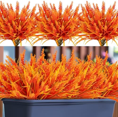 Artificial Fall Flowers for Outdoor Plants 24 Bundles Fake Lavender Plastic Faux Monkey Grass for Verandah Window Garden Office Patio Front Porch UV Resistant for Planter(Autumn Red)