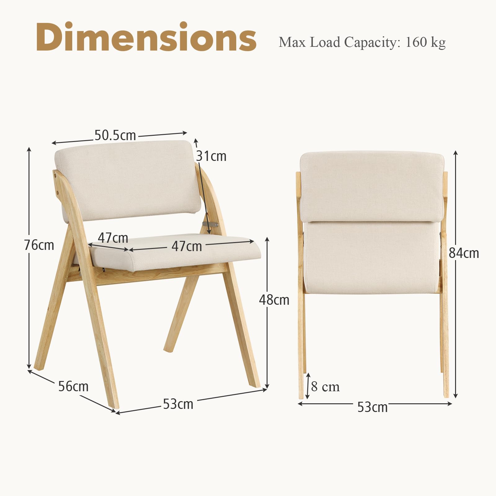 HOMASIS Set di 2 Sedie Pieghevoli da Sala da Pranzo, Poltrona da Salotto con Seduta e Schienale Imbottiti, Sedia da Cucina con Gambe in Legno Massello per Ufficio, 56 x 53 x 76 cm (Naturale)