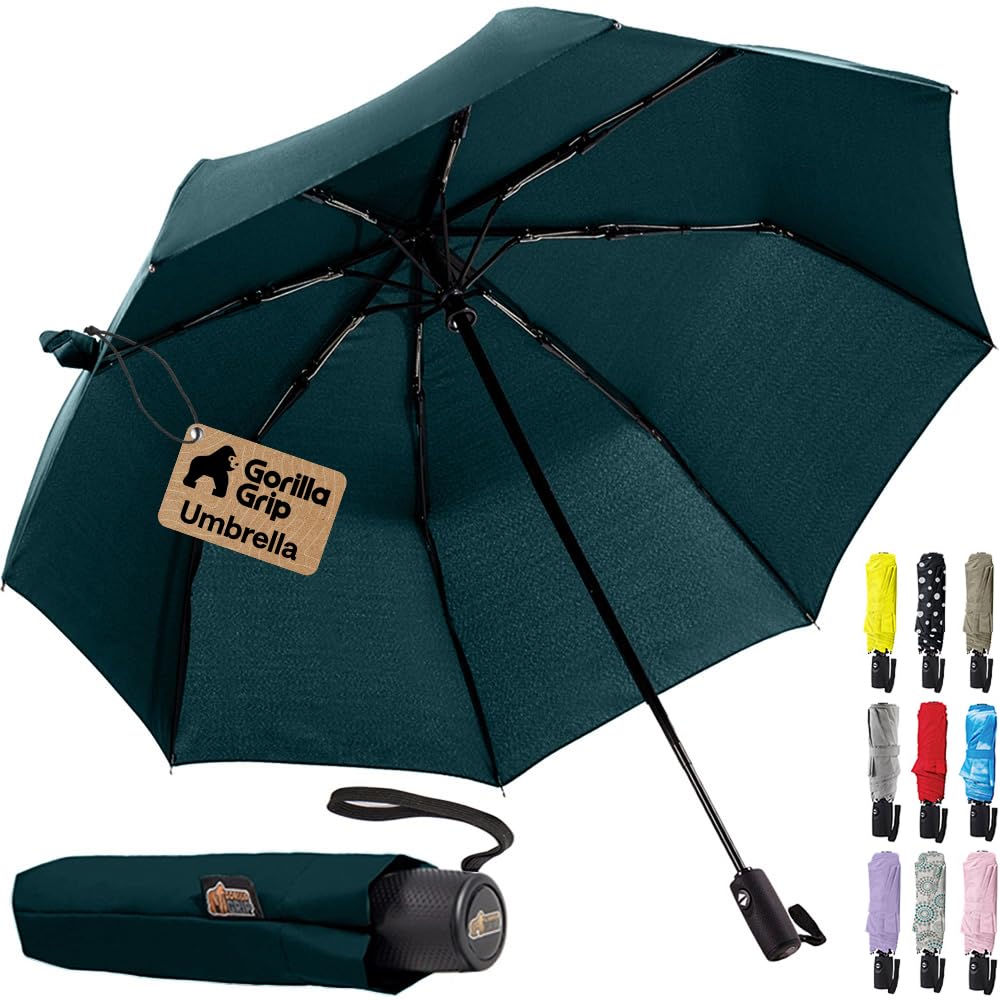 GORILLA GRIP Compact Travel Size Umbrella for Rain, Hunter Green